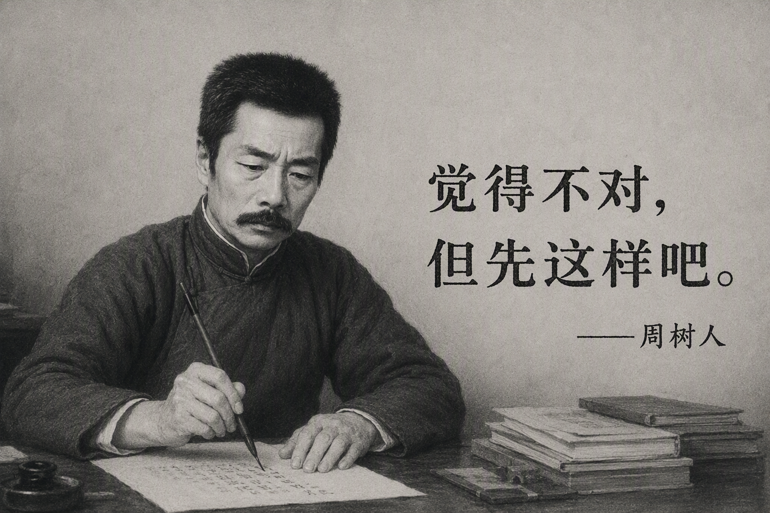 图片为周树人(鲁迅)的黑白照片,他坐在桌前,右手持笔,左手放在纸张上,桌上摆放着书籍和文房四宝。右侧配有文字“觉得不对,但先这样吧。”及“——周树人”。这张图片位于文档中“一百年前就诊断过的老病”部分,与上下文紧密相关,用以引出对“AI味”是中文老病的思考,强调即便周树人觉得不对,也先这样做的无奈,呼应了AI在翻译中引入欧化结构等现象。