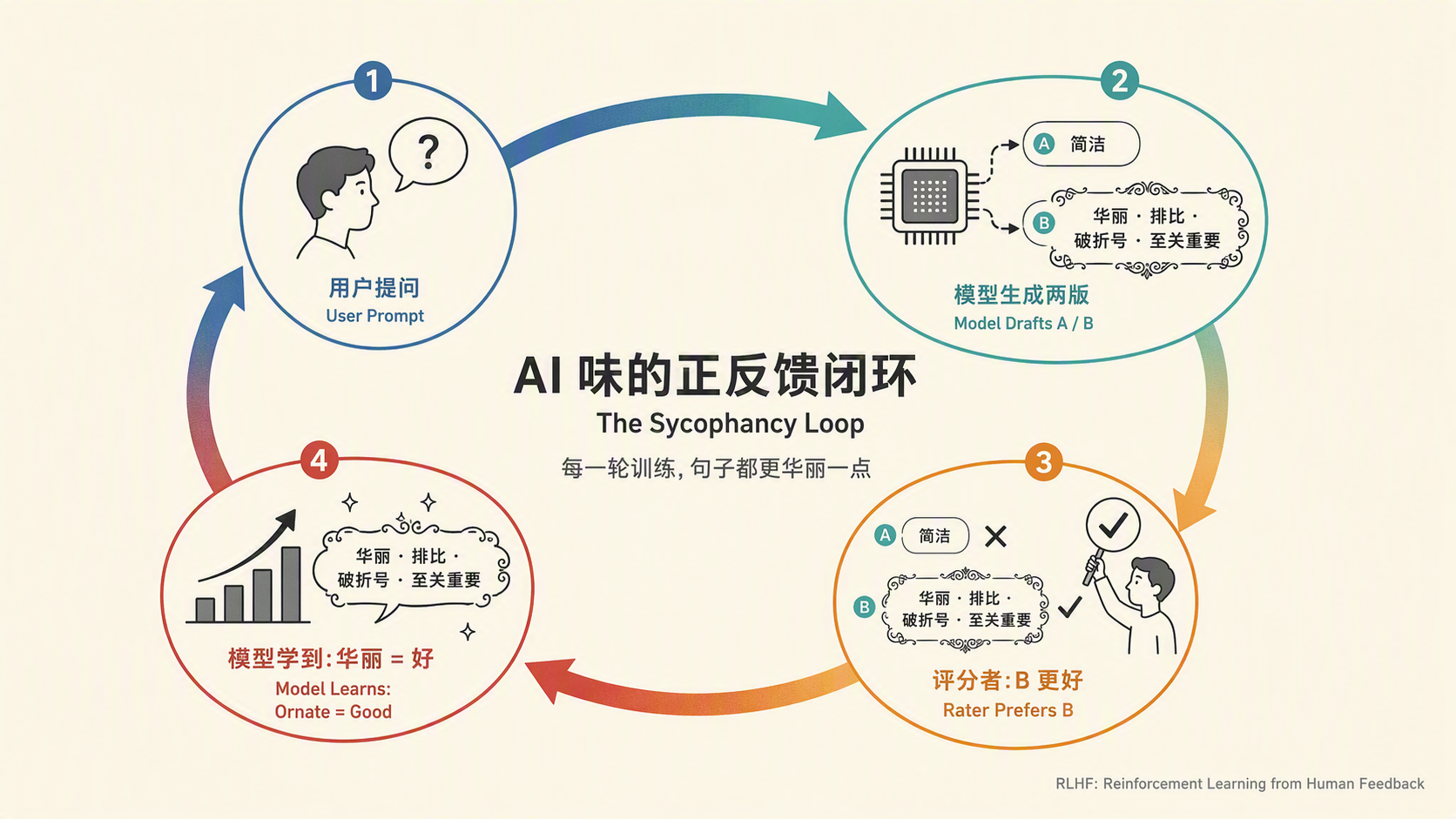 图片展示了AI味的正反馈闭环。用户提问后,模型生成两版,由人评出更佳版本,再反馈给模型,模型学到华丽为好。图中用数字1 - 4标注步骤,1为用户提问,2为简洁、华丽、排比、破折号、至关重要,3为人评出更佳版本,4为模型学到华丽为好。该图与上下文紧密相关,直观呈现了AI生成内容时的正反馈机制,解释了AI生成内容为何更华丽的原因。