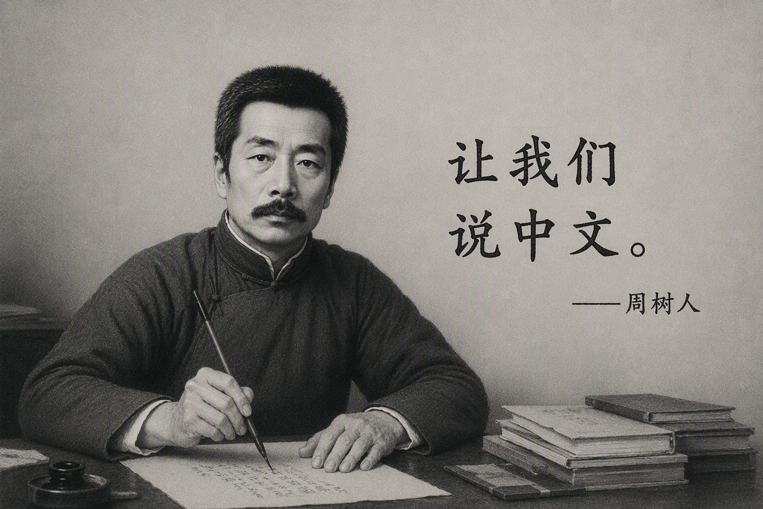 图片为周树人(鲁迅)的黑白肖像,他手持毛笔,面前放着纸张和书籍。右侧有文字“让我们说中文。”及“——周树人”。这张图片位于“翻译检测”部分,与上下文紧密相关,是对“翻译测试”方法的补充说明,意在强调在翻译检测中,要将中文一句一句默默翻译回英文,如果英文出奇地顺,几乎不用改就成立,那这句中文八成是从英文骨架长出来的翻译腔,借此提醒人们注意中文表达的准确性。
