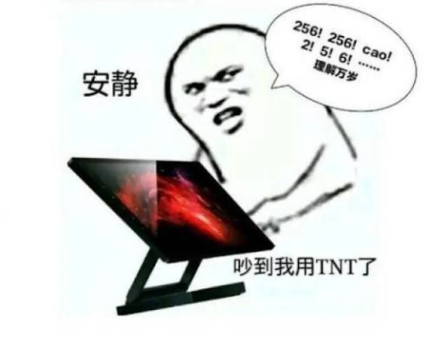 图片是一幅漫画，画面中一台显示器屏幕上显示着红色的“256! 256! cao! 2! 5! 6! …… 理解万岁”，显示器下方有文字“吵到我用TNT了”。画面左侧有一个大头人物，头上写着“安静”，其表情夸张，似乎在对显示器喊话。该图与上下文关系紧密，是对2018年罗永浩在台上喊“把这个字标红”这一事件的幽默解读，体现了当时语音操作技术的不成熟。