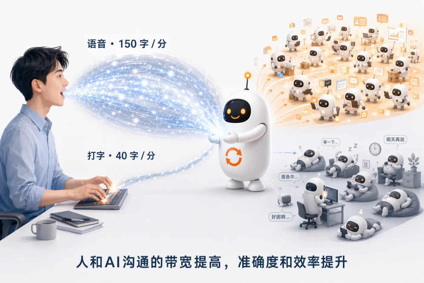 图片展示了人和AI沟通的带宽提高情况。左侧是一位正在打字的男子，打字速度为40字/分。右侧是语音输入，速度为150字/分，画面中有许多AI机器人在忙碌。底部文字总结“人和AI沟通的带宽提高，准确度和效率提升”。图片直观呈现了语音输入相较于打字在效率上的优势，与上文提到的意图带宽概念相呼应，强调了语音输入在与AI沟通中的重要性。