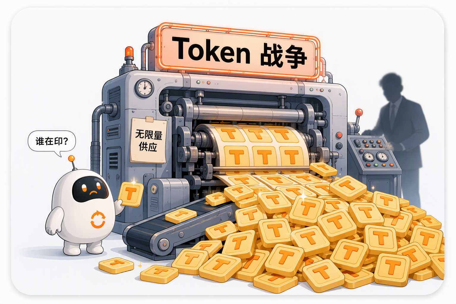 图片以“Token战争”为标题，展示一台印钞机正在印制Token，印钞机旁有机器人角色，手持一个Token，疑惑地问“谁在印？”。印钞机上标有“无限量供应”。画面右侧有一个人影，背景为浅色。该图与文档中提到的掌握Token发行权的公司通过印钞机印制Token，形成狂欢与收割周期的内容相呼应，直观呈现了Token战争的概念。