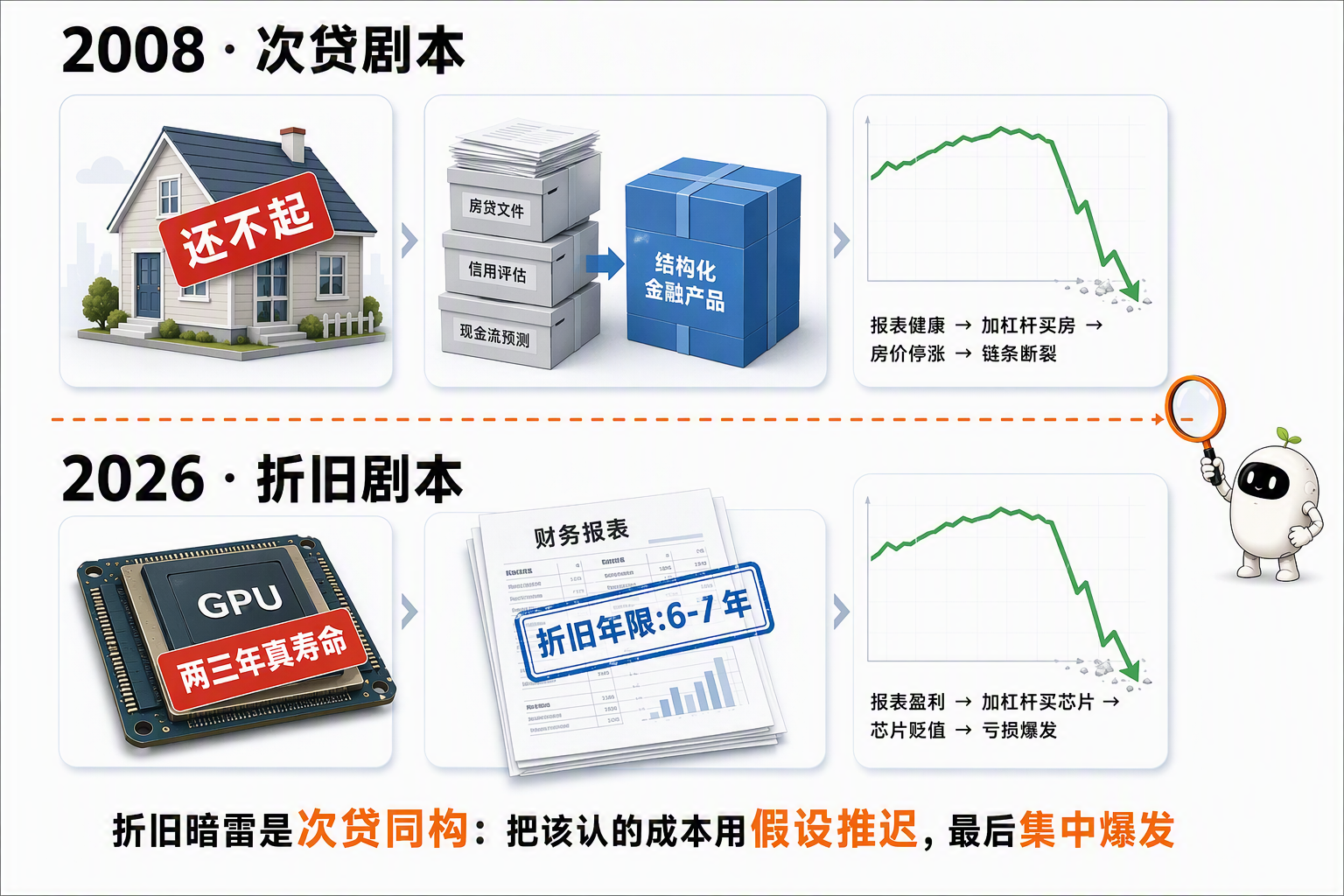 这张图片展示了次贷剧本与折旧剧本的同构关系，直观呈现了折旧暗雷和次贷的内在关联。上方2008年次贷剧本中，标注“还不起”的房屋对应的相关文件经信用评估、准备金测算后打包为结构化金融产品，后续因报表健康推动加杠杆买房，最终房价停涨链条断裂。下方2026年折旧剧本里，标注“两三年真寿命”的GPU对应的财务报表按6-7年的折旧年限计提，后续因报表盈利推动加杠杆买芯片，最终芯片贬值亏损爆发，底部文字点明“折旧暗雷是次贷同构：把该认的成本用假设推迟，最后集中爆发”。