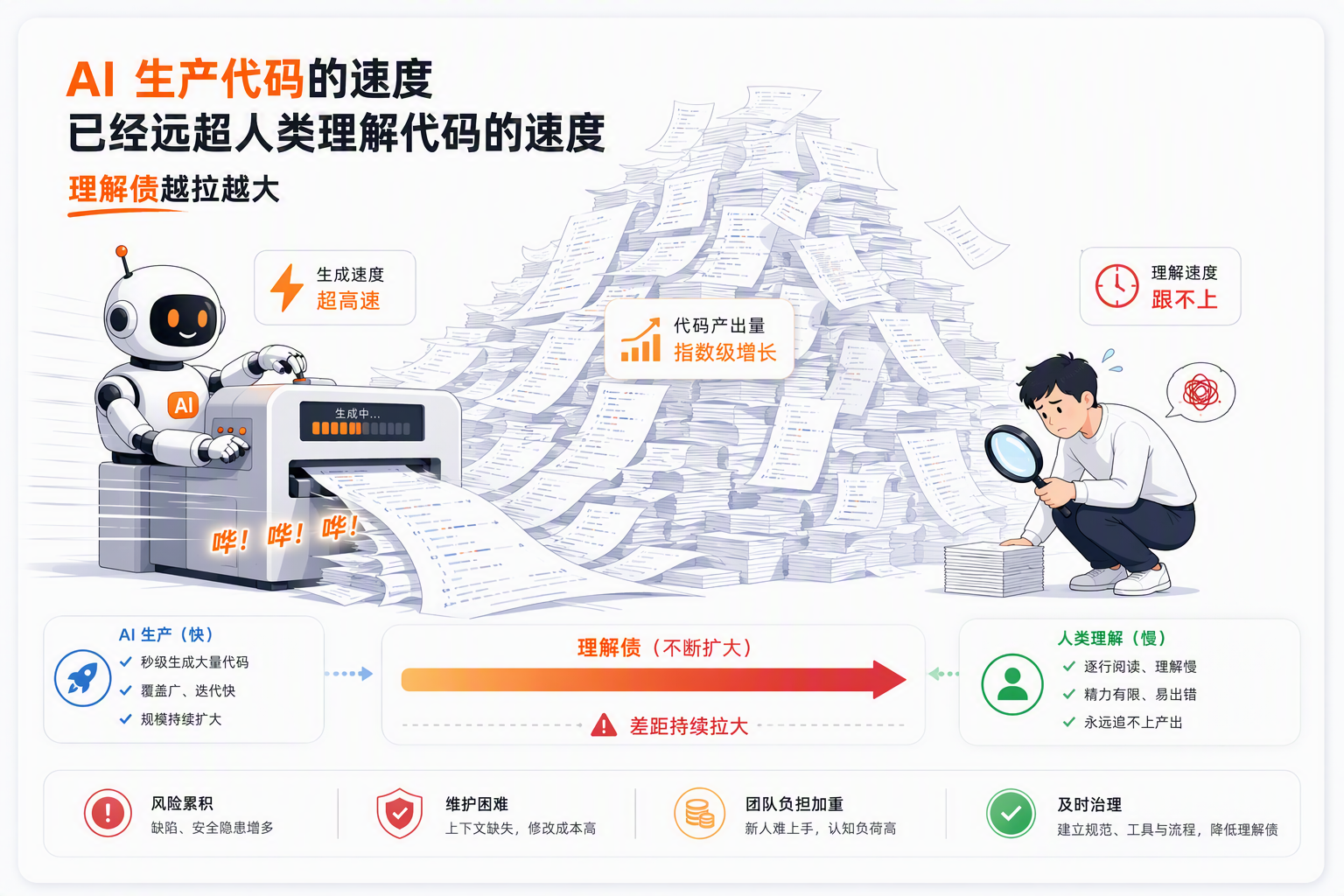 这张图直观呈现了AI代码生产与人类代码理解间的差距:左侧的AI机器人如同产能超标的打印机,正快速生成代码,旁注有“生成速度 超高速”“代码产出量 指数级增长”的标识,体现AI生产代码的效率;右侧的男子手持放大镜,面对堆积成山的代码文件,标注有“理解速度 追不上”,凸显人类理解代码的瓶颈。图中还点明了这一差距带来的“理解债”问题,显示该差距仍在持续拉大,AI生产代码的速度已远超人类理解代码的速度,呼应了文档中关于AI coding瓶颈从“写”转移到“验证”的内容。