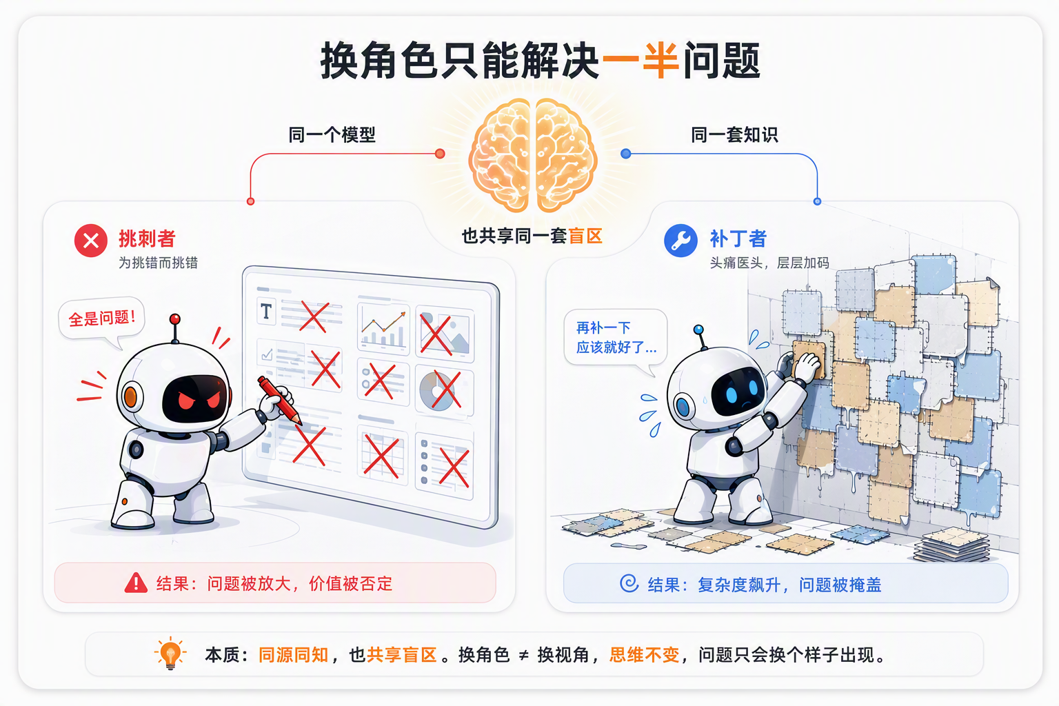 这张图围绕“换个角色,只能解决一半问题”展开,展示了共享同一模型、同一套知识且也共享同一套盲区的“挑刺者”与“补丁者”的运作情况。左侧的挑刺者为了挑错放大问题,导致结果是问题被放大、价值被否定;右侧的补丁者为了修正问题疯狂打补丁,最终导致复杂度飙升、问题被掩盖。图示底部点明本质:两者同源同知,共享盲区,换角色、换视角但未改变核心逻辑,问题只会以新的形式出现,无法得到真正解决。