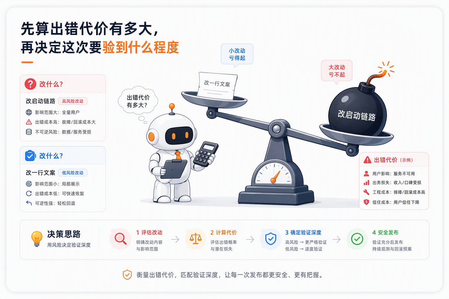 这张图对应文档中“验证要花代价,得先算一笔账”的相关内容,核心是说明决策验证深度的依据:先算出错代价的大小,再确定要将验证做到什么程度。图中用天平体现对比,轻的托盘放置代表改动影响小、出错代价低的“改一行文案”,重的托盘放置代表改动影响大、出错代价高的“改启动链路(炸弹图标)”,直观展示改动出错代价越大就需要更深度验证的逻辑,下方还标注了决策思路的四个步骤,与上下文探讨的“验证要先算出错代价,再决定验证程度”的主题完全呼应。