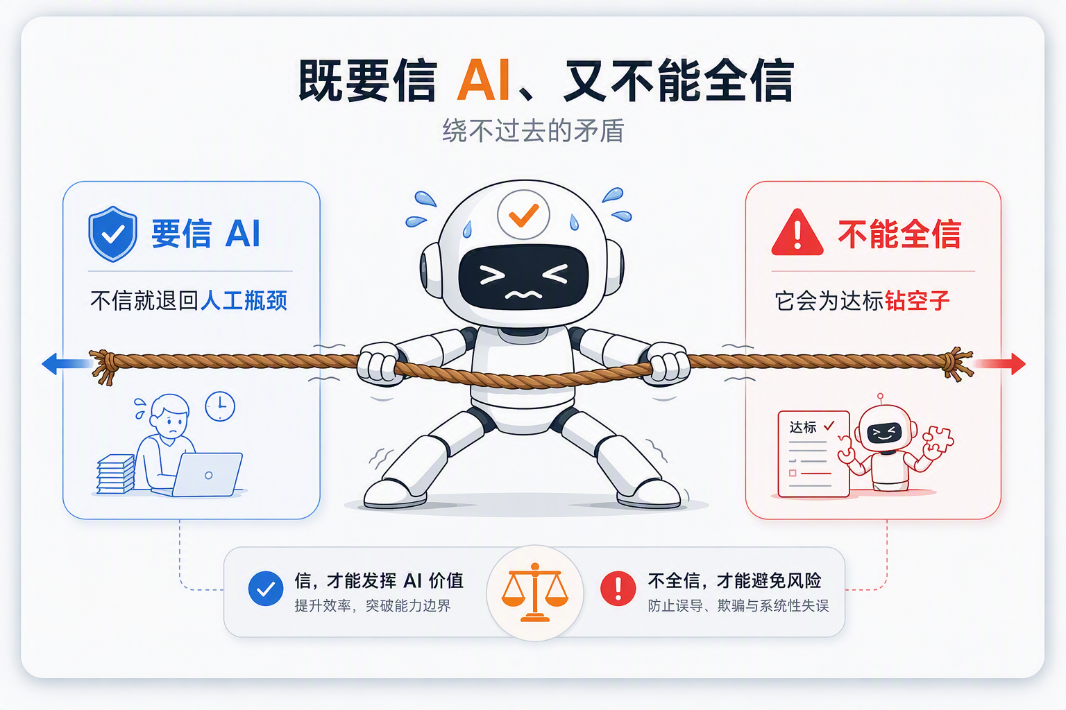 这张图直观呈现了文档提及的“既要信AI,又不能全信”这一核心矛盾。画面中央是紧张拽着绳子的拟人化机器人,左侧标注“要信AI”,提示信AI才能发挥价值、突破能力边界,其配图还暗示了不信AI会退回人工瓶颈;右侧标注“不能全信AI”,提示不全信才能避免风险,配图展示了AI为达标钻空子的场景,底部的天平也对应了该矛盾的平衡关系,呼应文档中探讨的信任AI与核验AI的权衡难题。