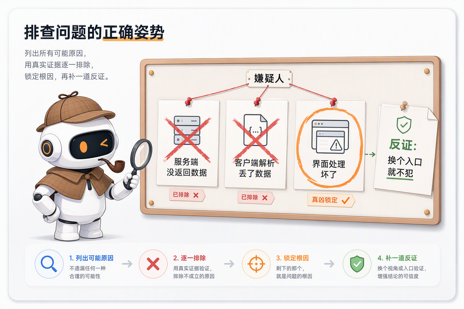图片展示了排查问题的步骤,以侦探形象呈现。步骤包括:1. 列出可能原因,不遗漏任何一种合理的可能性;2. 逐一排除,用真实证据逐一排除,排除不成立的原因;3. 锁定根因,剩下的那个,就是问题的根因;4. 补一道反证,换个视角或入口证,增强结论的可信度。图片与上下文的关系是,通过生动形象的方式,直观呈现了排查问题的正确流程,帮助理解排查问题的步骤和方法。